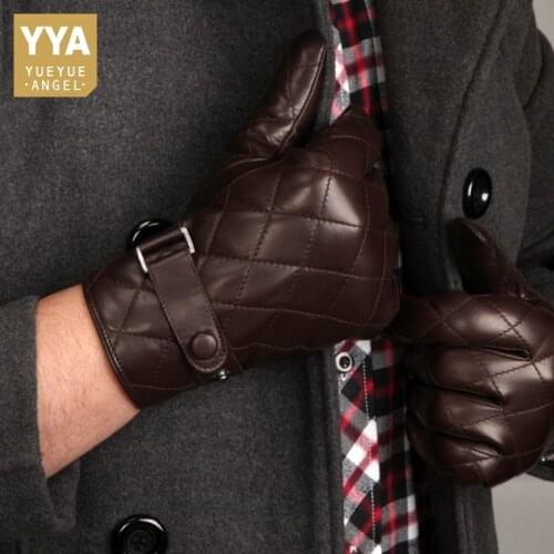 2020 Men Real Leather Touch Screen Gloves Luxury Plaid Genuine Leather Fashion Warm Fleece Glove Winter Sheepskin Driving Gloves