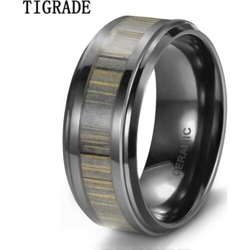 TIGRADE 8mm Black Ceramic Ring Men Bamboo Forest Green Inlay Wedding Band Engagement Rings Men Fashion Jewelry