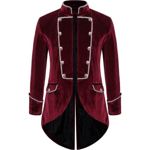 Mens Wine Red Steampunk Tailcoat Jacket Velvet Medieval Gothic Suit Blazer Jacket Men Renaissance Tuxedo Coats Stage Costumes