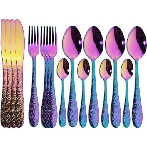 16Pcs Rainbow Tableware Set 18/10 Stainless Steel Cutlery Set Knife Fork Spoon Dinnerware Dinner Set Kitchen Silverware Set
