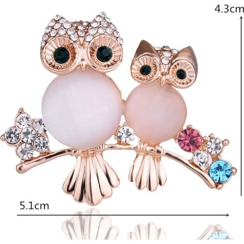 Romantic Two Opal Owl Brooches Mother With Kids Animal Crystal Brooches Pins Women Girls Birds Clothes Jewelry Brooch Buckles