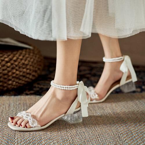 Mid-heel pearl strap sandals womens thick heel 2021 summer transparent one word with crystal high heels