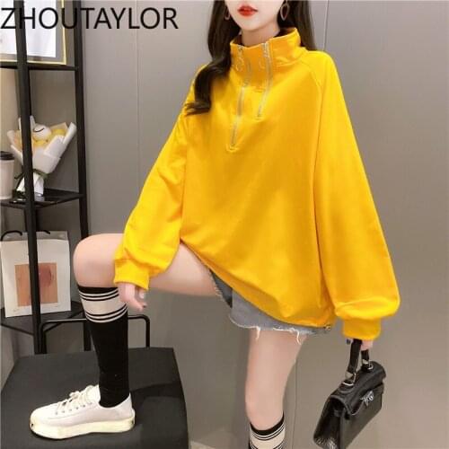 ZHOUTAYLOR Sweatshirt Women Fashion sweet Office Lady Pullovers Femme Zipper Full Sleeve O-Neck Loose Autumn Tops Female S0710