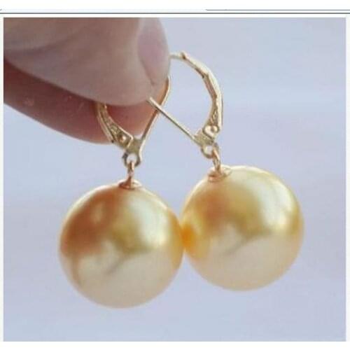 Gorgeous AAA10-11MM ROUND SOUTH SEA GOLD PEARL EARRING14K