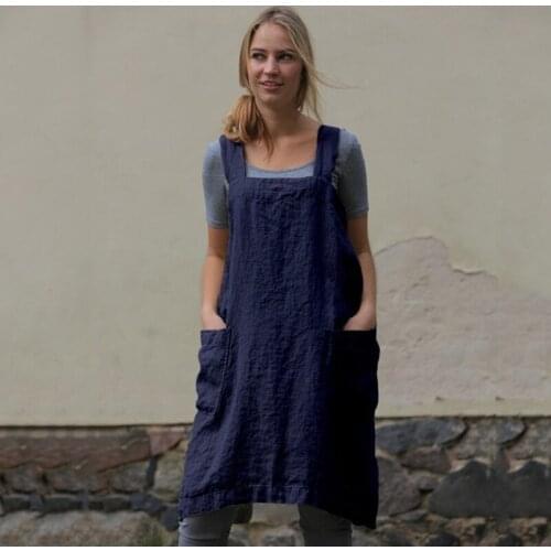 Vintage Cottage Home Garden Double Pockets Solid Apron Pinafore Dress Casual Loose Fit Dress for Women A66