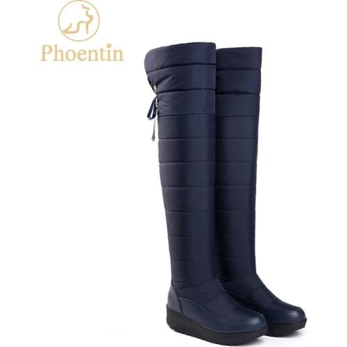 Phoentin Russia winter down boots platform 2019 overknee snow boots woman flat heels cross-tied back lace up blue shoes FT570