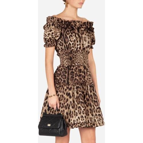 Sexy Leopard Print Off Shoulder Slash Neck Mini Short Dress Women Ruffles Elastic High Waist Short Sleeve Runway Vestidos