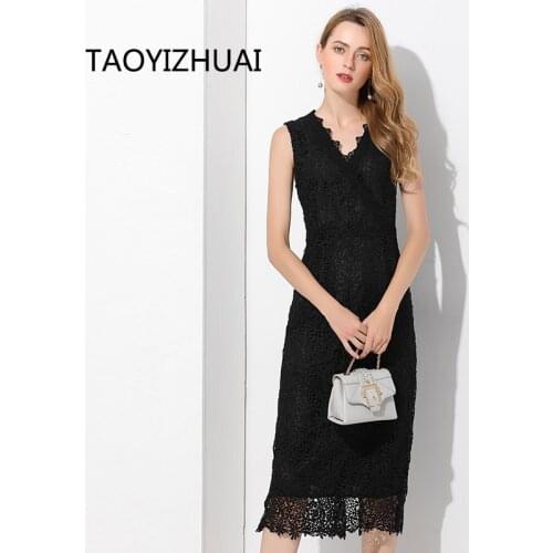 TAOYIZHUAI Black color hot sale V Neck Solid straight knee length sleeveless big size fashion party lace dress for lady 11592