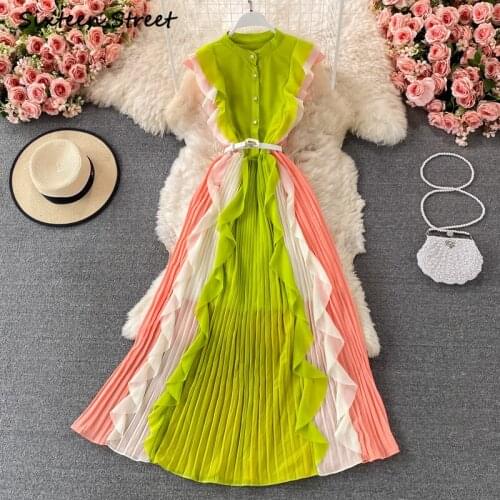 Maxi Dresses for Women Summer Ruffled Chiffon Pleated Fashion Elegant Y2k Vestido De Mujer Sexy Dress Vintage Clothing Women