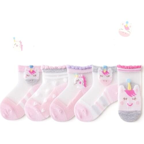 5 Pairs Lot Children Summer Short Socks With Animal Print Baby Toddler Girls Boys Cotton Mesh Cute Unicorn Happy Invisible Sock