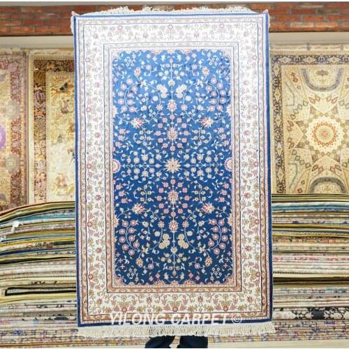 Yilong 2.5'x4' Blue Silk Rug Persian Silk Kerman Hand-Knotted Carpet (HF178B)