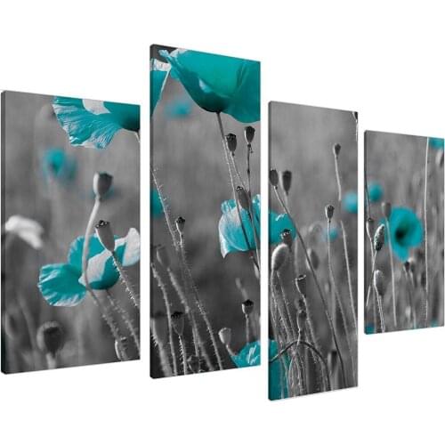Teal Poppy Grey Black Poppies Flower Floral Canvas Print on Canvas - Modern Wall Art 4 Pieces Drop shipping