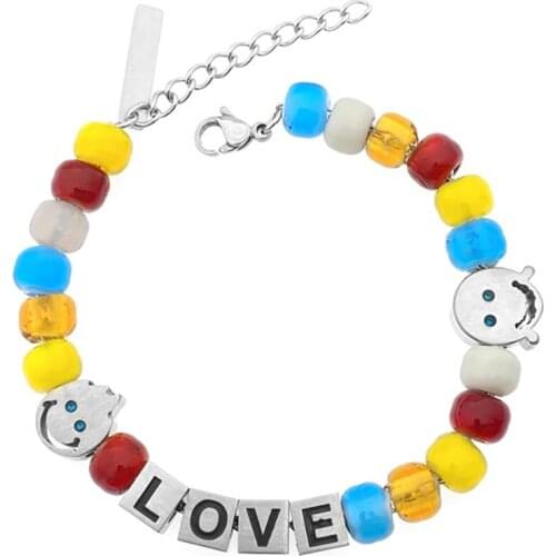 Stainless Steel Hip Hop Cute Smiley Face Colorful Beads Love Letter Bracelet Bangle Jewelry Street Dance Gift For Him