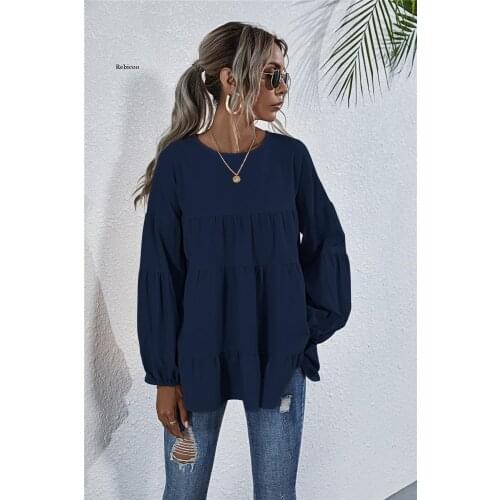 Womens Plus Size Blouse Ladides Clothing for Women Blouse O-Neck Lantern Long Sleeve Oversized Shirts Blouse Tops