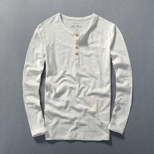 100% Cotton long sleeve pure t-shirt men round collar with button comfortable and breathable tshirt men Fall t shirt male camisa