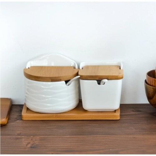 Creative Nordic Style Ceramic Kitchen Seasoning Jar Set Wooden Cover Salt Shaker Seasoning Jar Kitchen Tool