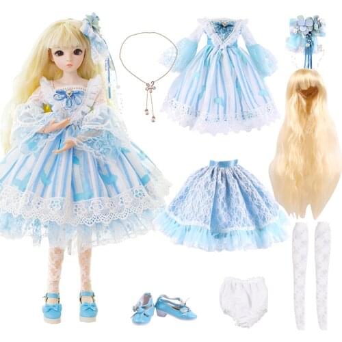 UCanaan 1/3 BJD SD Doll Clothes Set 60CM Girls Dolls Accessories Blue Dress Shoes Gold Hair Headwear Gift For Girl