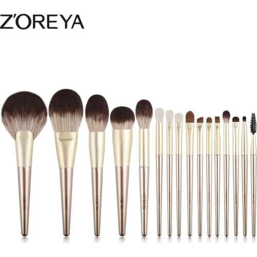 ZOREYA Gold Makeup Brushes Set 16Pcs Professional Make Up Brush Kits Large Fan Powder Blush Highlight Eyeliner Cosmetic Tool