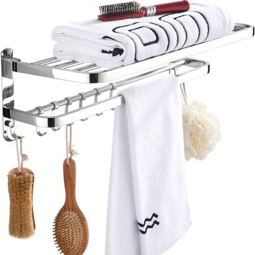 Bathroom 2 Layer Towel Racks Wall Mounted Punch-free Towel Rack 04 Stainless Steel Towel Shelf With Hooks Bath Rails Bars