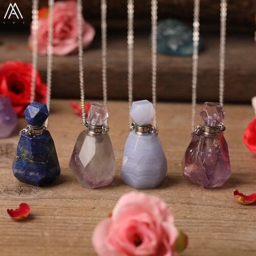 Natural Pink White Quartz Lemon Quartz Amazonite Tiger Eye Stone Silvery Perfume Bottle Pendant Necklace For Women Jewelry