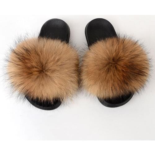Womens Fur Slippers Summer Home Slippers Luxury Fox Fur Sandals Indoor Fluffy Cute Raccoon Fur Large Size Plush Leather Shoes