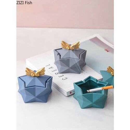 Creative Polygon Resin Ashtray with Cover Angel Wings Home Large-capacity Cartoon Ashtray Car Anti-ash Living Room Office Decor