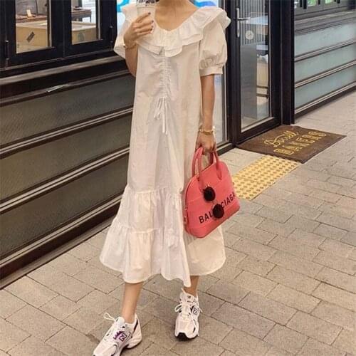 Casual Loose Long Dress Women Ruffles Cotton Linen Lantern Sleeves Cute Dress Ladies Beach Party Dress Vestidos Plus Size M-6XL