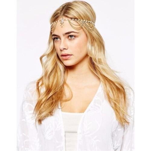 European India Gold Metal Tassel Head chain Headband For Bridal Pearl Rhinestone Flower Shaped Forehead hair jewelry Accesories