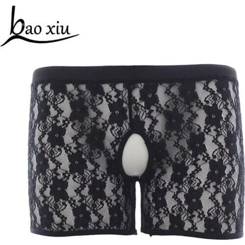 Hot Sexy Black Elastic Mens Lingerie Soft See-through Floral Lace Boxer Shorts Underwear Underpants Soft Tight-fitting Panties