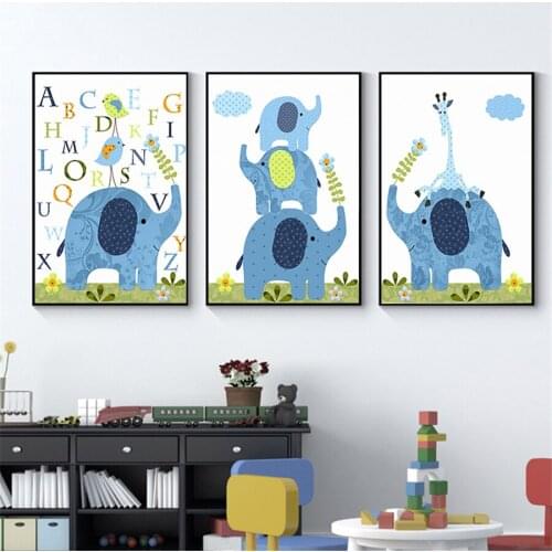 Blue Cute Elephant Deer Animal Nursery Poster Child Canvas Print Simple Wall Art Painting Kids Room Decoration Kids' Room Decor