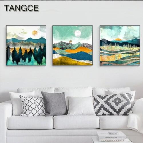 Nordic Abstract Golden Deer Canvas Painting Modern Sunrise Poster Yellow Print Forest Wall Pictures for Living Room HD Wall Art