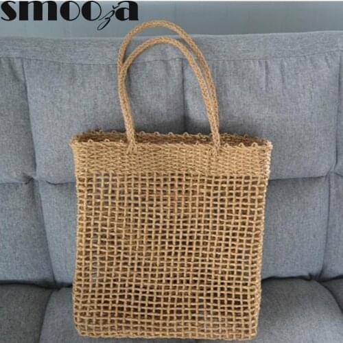 SMOOZA Bohemian Straw Women Shoulder Bags Casual Woven Wicker Tassel Buckets Lady Handbags Summer Beach Bag Large Capacity