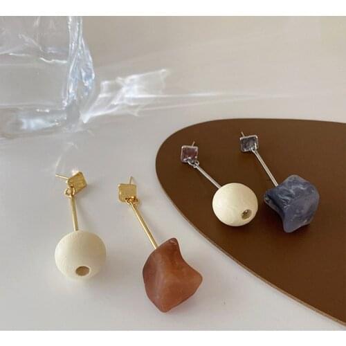 TARCLIY Creative Design Asymmetric Wooden Ball Irregular Resin Earring Geometric Metal Long Earring Temperament Women Jewelry