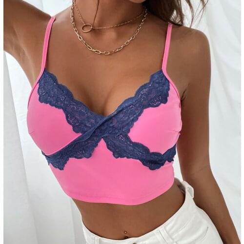 Crop Top Color Contrast Lace Splicing Exposed Navel Self Cultivation Camisole Vest Women Clothing 2021