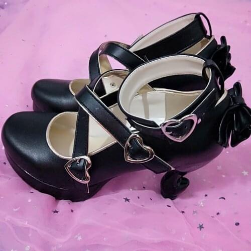 High Heels Cross Buckle Back Bowknot Soft Round Toe Cosplay Anime Lolita Shoes Japanese Sexy Women Female Kawaii Goth Vintage