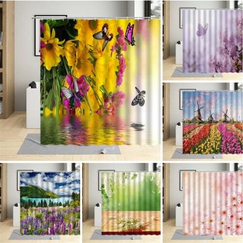 Spring Flowers Shower Curtains Butterfly Country Rural landscape Tulip Sunflower Bathroom Decor Color Floral Curtain With Hooks