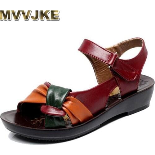 MVVJKE 2018 summer Mother shoes flat sandals women aged leather Soft bottom mixed colors fashion sandals comfortable old shoes