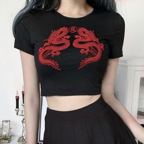 Gothic Dragon Print Bodycon Tops Harajuku Women Summer Tee Streetwear Casual Female Sexy Black T-Shirts