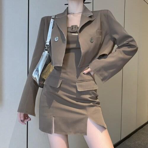 High Quality Dress Sets Korean OL Two Piece Set Women Crop Top Short Blazer Coat + Sexy Sleeveless Bodycon Mini Dress Suits