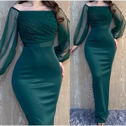Elegant Long Mermaid Tulle Satin Evening Dresses Green Zipper Back Beaded Arabic Abendkleider Formal Party Gown for Women