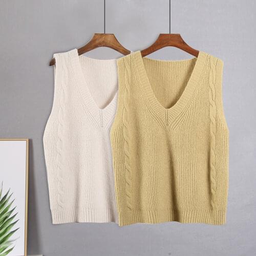 Korean Sweater Vest Women V-neck Sleeveless Female Loose Cropped Knitted Tops Basic Solid Vintage Casual Waistcoat Chic Cloth