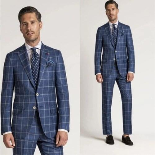 2021 Dark Blue British Gentleman Men Suits 2 Piece (Coat+Pants) Peaked Lapel Plaid Leisure Business Two Button Suit Hot Sale