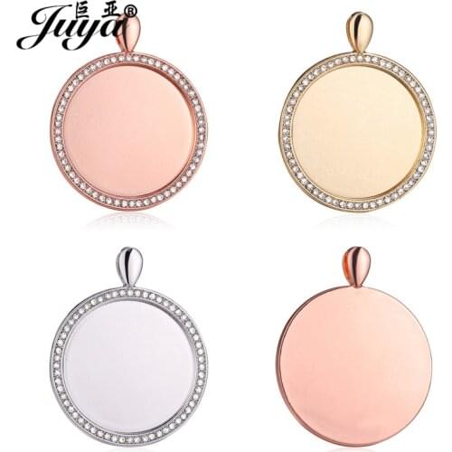 3PCS 30mm Cabochon Pendant Base Settings Zircon Glossy Blank Tray For Necklace Findings DIY Jewelry Making Sublimation Crafts