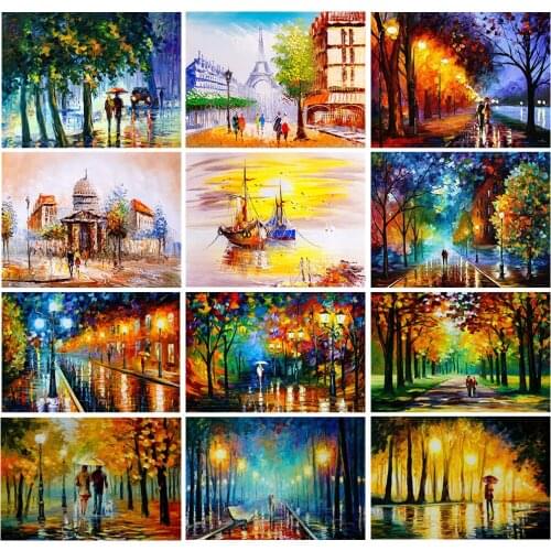 5D Diamond Painting Oil Painting Rain Lamp Street View Art Sticker Diamond Embroidery Living Room Corridor Home Decoration DIY