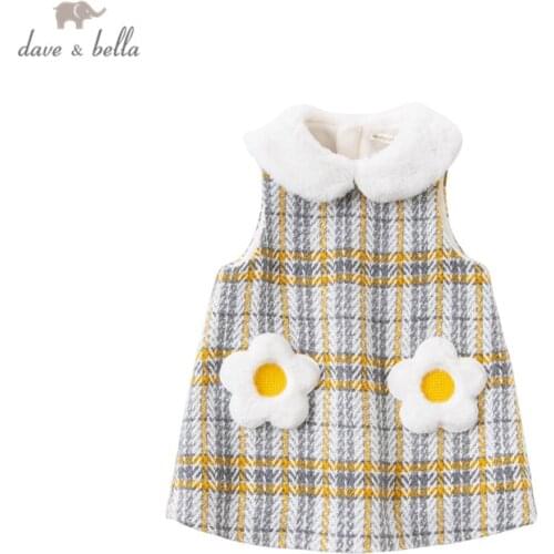 DBZ16065 dave bella winter baby girls cute floral plaid sleeveless dress children fashion party dress kids infant lolita clothes
