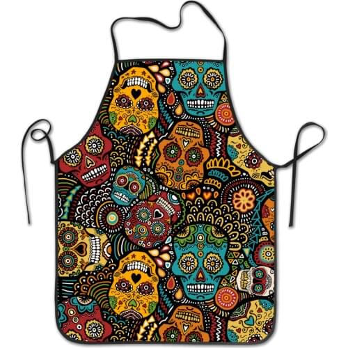 Mexican Sugar Skulls Kitchen Apron Psychedelic Art Flowers Bib Aprons Women Men Professional Chef Aprons with Extra Long Ties