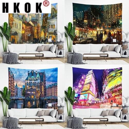 HKOK Building City Tapestry Wall Rugs Wall Hanging Fabric Mural Background Cloth Towel Beach Fabric Blanket Living Home Decor