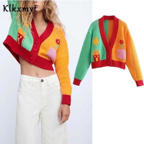 Klkxmyt Za Cardigan Sweater Women 2021 Fashion Cartoon Pattern Knitted Sweater Woman Vintage Long Sleeve Female Outerwear Tops