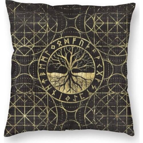Tree Of Life Yggdrasil And Runes Square Throw Pillow Cover Home Decor Print Viking Norse Symbol Cushion Cover for Living Room