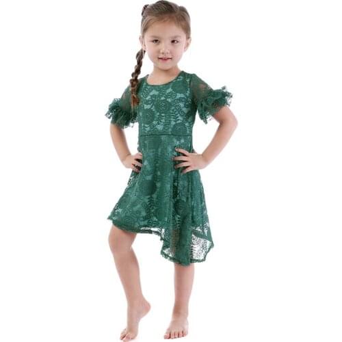 Kaiya Angel Summer Girls Dress Party Wear Dark Green Short Sleeve Irregular Hem Mature Style Invisible Zipper Factory Wholesale